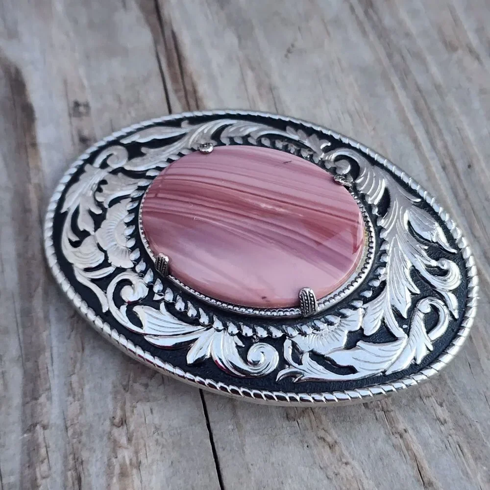VINTAGE Rare Western Tooled Silver Belt Buckle with Pink Fiesta Agate GemStone